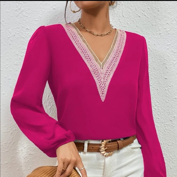 Classic navy blue  lace V neck blouse - Picture 9 of 15